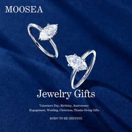 MOOSEA 1.5ct Moissanite Solitaire Ring for Women, Engagement Rings 14K White Gold Vermeil Marquise Moissanite Rings for Women