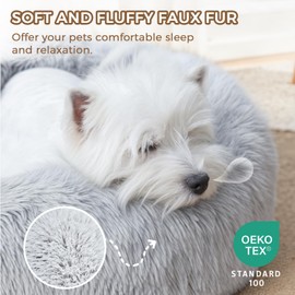 SunStyle Home Small Dog Bed, Machine Washable Donut Round Calming Dog Cat Bed, Anti-Anxiety Fluffy Plush Faux Fur with Anti-Slip Bottom Cuddler for Small Medium Pet Puppy Kitten and Cats(Grey, 24")