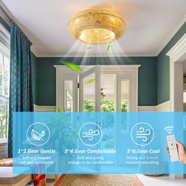 hummingbird 20 Inch Boho Ceiling Fans with Light Flush Mount, Rattan Ceiling Fan with Lights and Remote Control, Enclosed Hand-Woven Rattan Caged for Bedroom Living Room