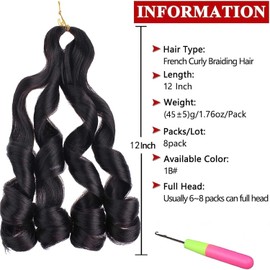 Xtrend 12 Inch French Curly Braiding Hair Pre-curled Bouncy Braiding Hair 8 packs French Curls Braids Loose Wave Braiding Hair with Curly Ends for Goddess Box Braids Hair Extension 1B#