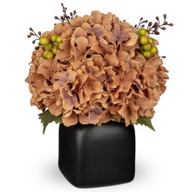 Briful Artificial Hydrangea Flower Arrangement with Berries in Black Ceramic Square Vase, 11.4” Tall Brown Silk Petals & Plastic Leaves Table Centerpiece for Home, Office & Fall Decor