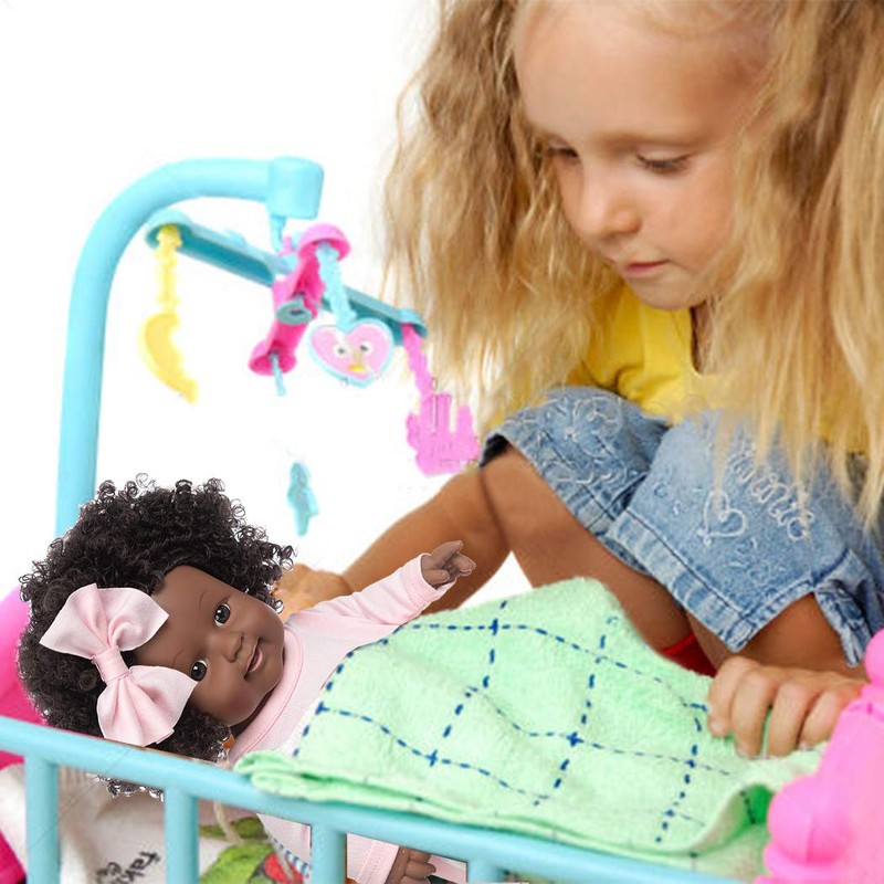 12インチ リアルな黒色のベビーガール人形 おもちゃ アフリカ系アメリカン 洗えるシリコンベビードール 人形服2セット付き (人形1枚のみ)