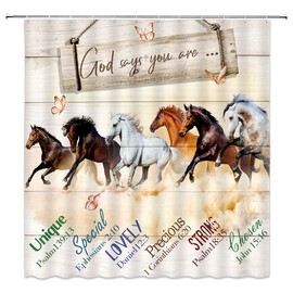 UOZXOML Horse Shower Curtain Butterfly Western Wild Animals Run in Farm Field Country Farmhouse Rustic Wooden Board Inspirational Quotes Fabric Bathroom Decor Curtains with Hooks,70 x 70