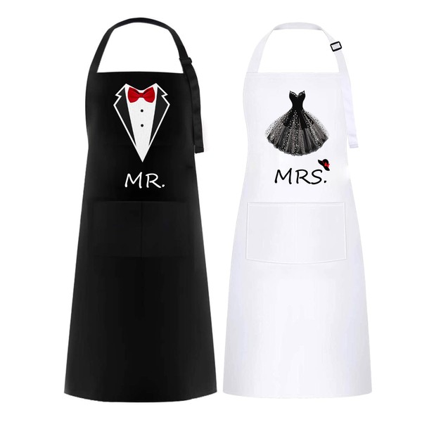Pack of 2 Mr & Mrs Aprons, Funny Couple Aprons, Adjustable Waterproof Apron with 2 Pockets, Gift for Wedding, Valentine's Day, Engagement, Anniversary, Christmas, Birthday (Bridal Set)