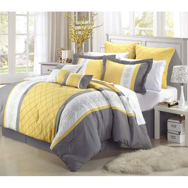 Chic Home 35CQ111-US Livingston Embroidered Comforter Set - Yellow - Queen - 8 Piece
