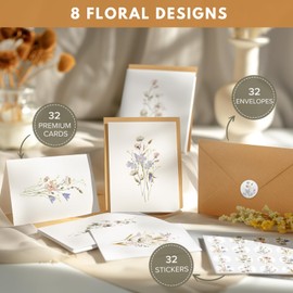 Blank Greet Cards, 32 Pack Blank Cards and Envelopes, Beautiful Blank Note Cards, Perfect Stationary Set For All Occasions, 8 Assorted Floral Designs, 4" x 6"