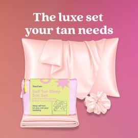 Tan Fan Self Tan Sleep Sac Bundle – Keep Bedding Clean From Self Tanner Stains - Pink Silky Bed Sheet Protector w Extra Matching Pillowcase & Scrunchie - Reusable, Machine Wash, Quick Dry, Large Roomy