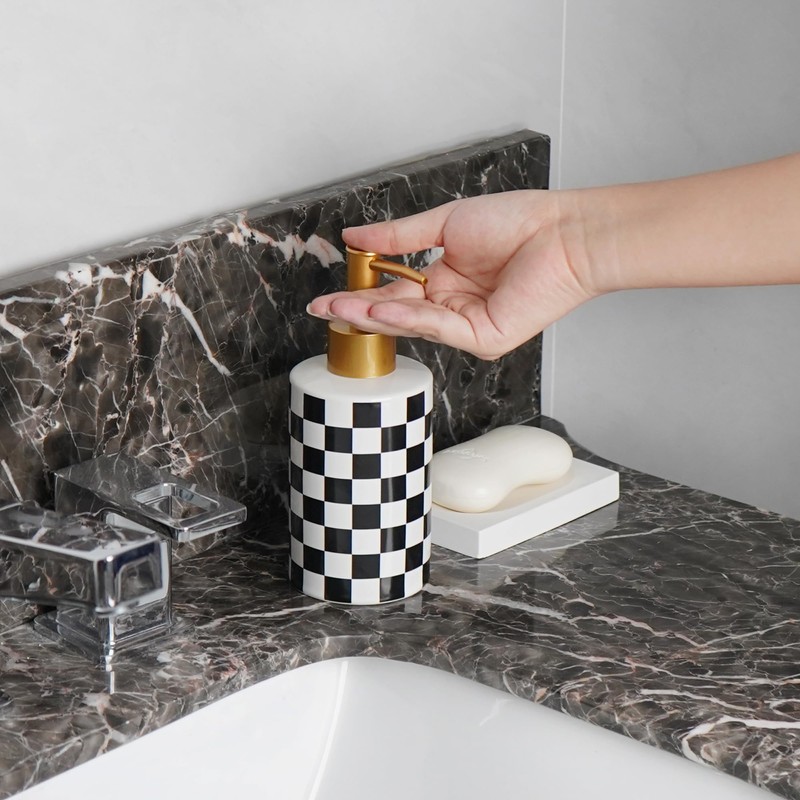 DODAMOUR 2 Pack Ceramic Soap Dispenser, 10oz Modern Checkerboard Hand