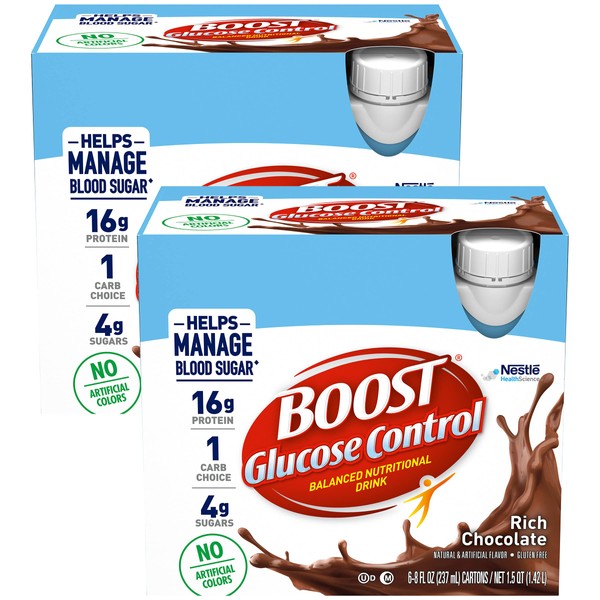 Boost Glucose Control Balanced Nutritional Drink, Rich Chocolate, Helps Manage Blood Sugar with No Artificial Colors, 8 FL OZ Resealable Bottles, 6 CT (Pack of 2)