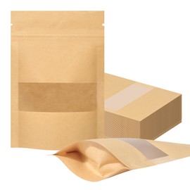 100 Pcs Resealable bags, 3.5" x 5.5" Sealable Stand Up Kraft Paper Bags with Matte Window, Zip Lock Food Storage Bags for Packaging Products