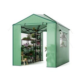 8x6 FT Portable Pops-Up Greenhouse for Indoor/Outdoor Use, Durable PE Cover Walk-in Greenhouse Kit, Zippered Doors & Mesh Windows Tunnel Green Houses, Easy Setup Garden Grow Tent for Plants, Green