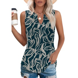 Micoson Hawaiian Shirt for Women V Neck Summer Pleated Tank Tops Loose Fit Outfits 2024 Vacation Beach Flowy Floral Navy Apricot L