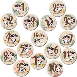 16 Pieces Wooden Baby Monthly Milestone Cards Baby Monthly Milestone Marker Discs Double Sided Monthly Milestone Wooden Circles Baby Months Signs for Baby Shower Newborn Photo Props (Cow and Leaves)