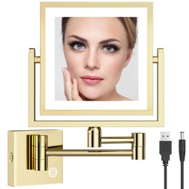RECKODOR LED Lighted Makeup Mirror Wall Mounted Square, 1/3X Bathroom Magnifying Mirror Wall Mounted with Light, Touch Dimming, Rechargeable, PVD Zirconium Gold