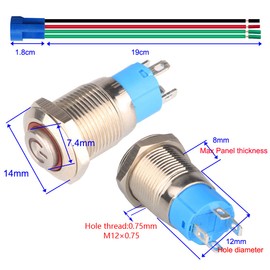 Gebildet 2pcs 12mm 230V AC 3A Stainless Steel Self-locking Latching Push Button Switch Power Symbol LED Normally Open SPST ON Off Waterproof Toggle Switch with Wire Socket Plug (Blue+Red,High Head)
