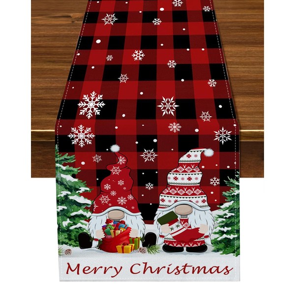 Maxpearl Christmas Table Runner, Red Buffalo Plaid Cotton Linen with Santa Claus - Heat, Wear, Stain Resistant, Winter Holiday Kitchen Dining Table Decoration, 72 × 13 Inch