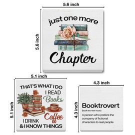 3 Pcs Book Wood Signs Decor Book Lover Wood Block Signs Just One More Chapter Booktrovert Wooden Box Signs Home Decorations for Bedroom Tiered Tray Desk Table Shelf