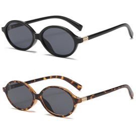 Onrtry Retro Oval Sunglasses for Women and Men Small 90s Style Round Tortoise Sun Glasses 2 Pack(Black+Tortoise/Grey)