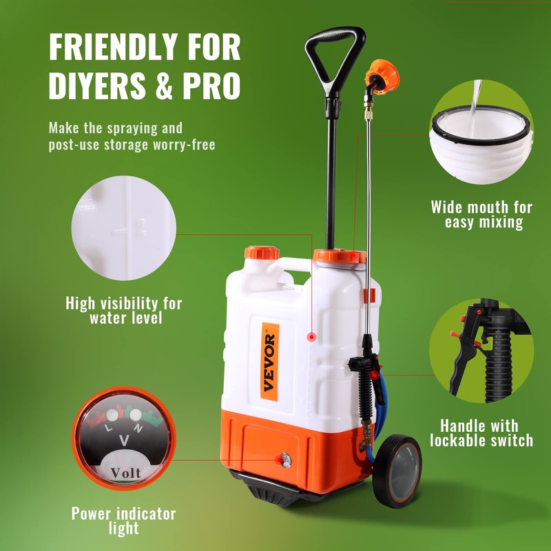 VEVOR 4 Gallon Battery Powered Backpack Sprayer with Wheeled Cart,