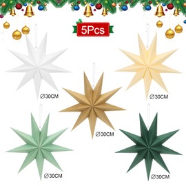 Pack of 5 Folding Stars Christmas Beige Sage Green, 30 cm Brown Paper Stars for Hanging, 9 Pointed Dark Green Paper Folding Stars, White Paper Stars Decoration for Christmas, Advent, Wedding, Birthday