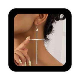 Aneneiceera Vintage Exaggerated Cross Dangle Earrings Silver Large Cross Earrings Big Cross Drop Earrings Long Cross Hook Earrings Jewelry for Women (Silver)