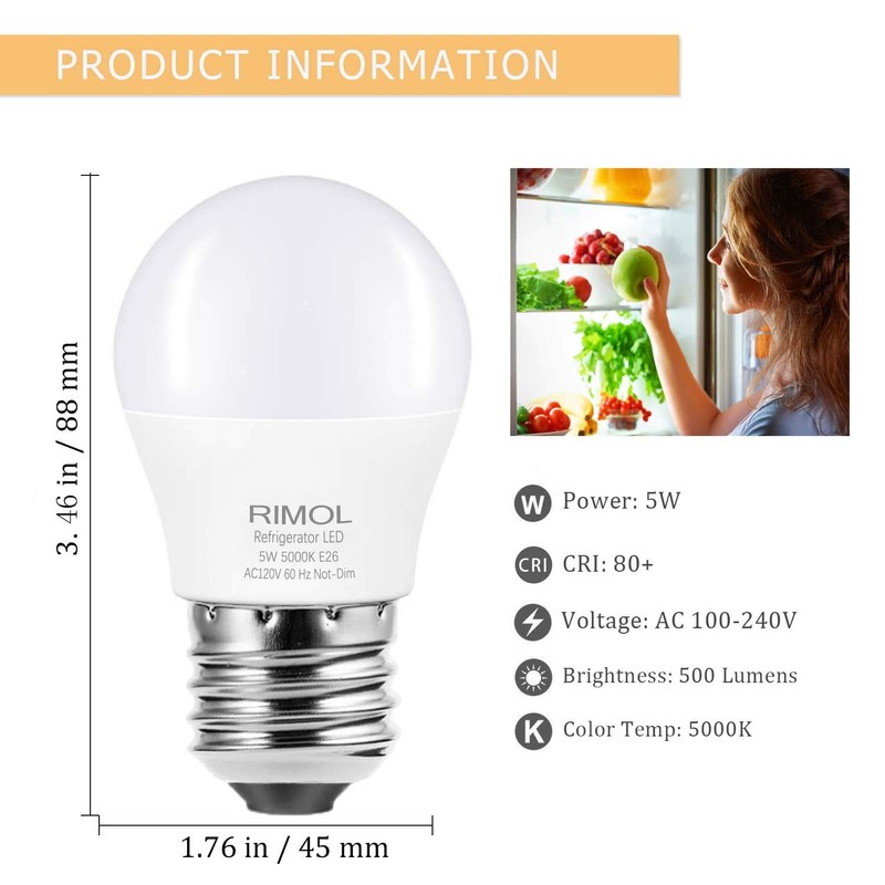 RIMOL Refrigerator Light Bulb, 40W Equivalent 120V A15 LED Fridge