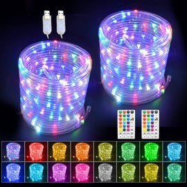 GLPE LED Rope Lights with USB Powered, 2 Pack X 33Ft 100 LED String Lights Indoor Outdoor with Remote,16 Color Changing Fairy Tube Lights for Bedroom Garden Party Wedding Christmas