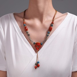 CaChnTyche Boho Necklaces for Women 2025,Bohemian Corded Necklace with Silver Pendant Colorful Beaded Pendant Long Necklace for Women Native American Jewelry Womens Trendy Adjustable Size Y Necklaces