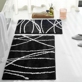 Tititex Luxury Black White Curve Line Bathroom Rug Set, 20x32 inch + 16x24 inch 2 pcs Extra Soft and Absorbent Microfiber Bath Rugs, Non-Slip Plush Shaggy Carpet, Mats for Floor, Tub and Shower