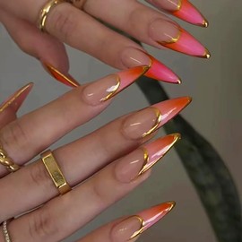 TBRZTR French Tip Press on Nails Almond Shaped Medium False Nails with Gold Lines Design Glossy Acrylic Nails French Smudge Glue on Nails Full Cover Coffin Nails Reusable Stick on Nails for Women
