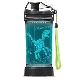 Light Up Dinosaur Water Bottle with Color Changing Night Light- 14 OZ Tritan BPA Free Eco-Friendly - Cute Velociraptor Kids Drinking Cups Gift for School Boy Girl Child Christmas Holiday