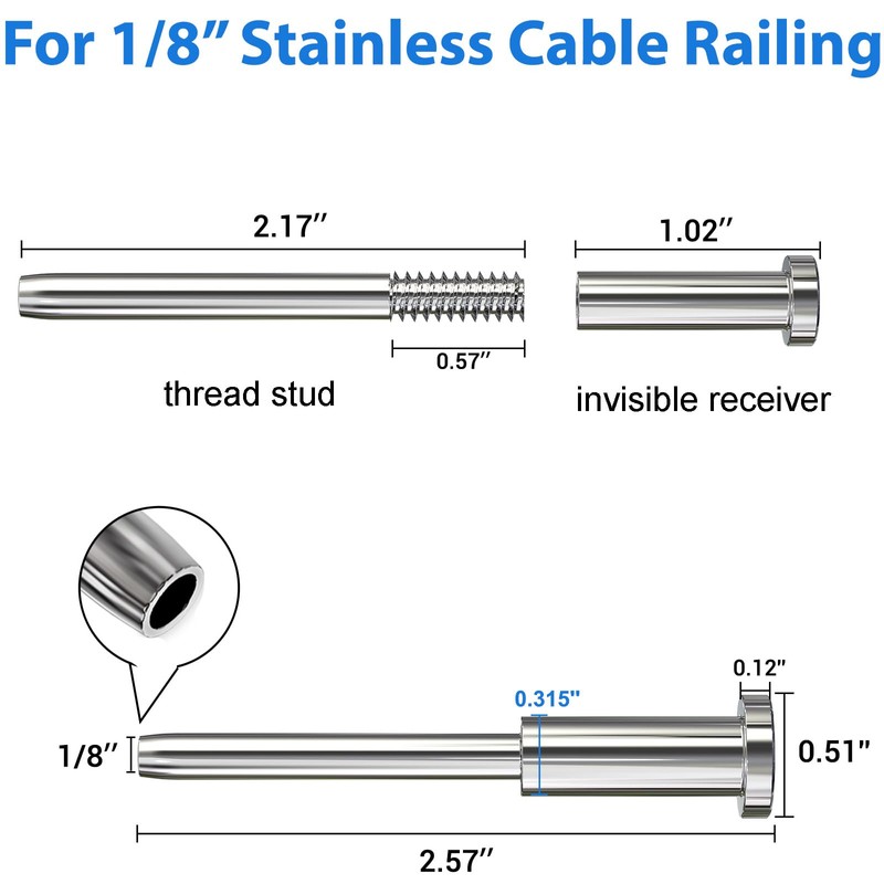 50 Pack Invisible Cable Railing Kit for 1/8" Wire, Marine