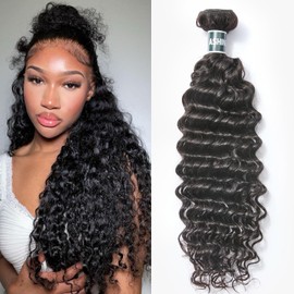 ASHINE Human Hair Bundle Deep Wave Unprocessed Cambodian Raw Hair 30 Inch, Flip Over Quick Weave Wet and Wave Bundles for Women Natural Black