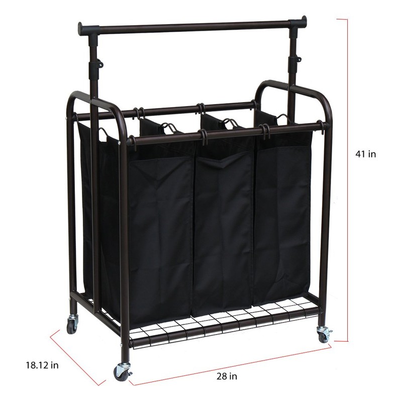 Oceanstar TLS1385 3-Bag Rolling Adjustable Hanging Bar Laundry Sorter, Bronze