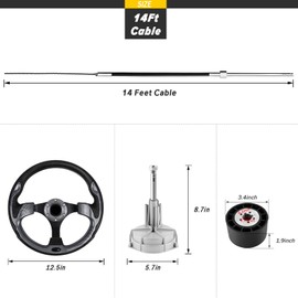 QYMOPAY Boats Steering System, 14ft Cable Outboard Steering Kit 3/4" Standard Tapered Shaft, Boat Steering System for Yachts, Fishing Boats and Other Watercraft - with Steering Wheel