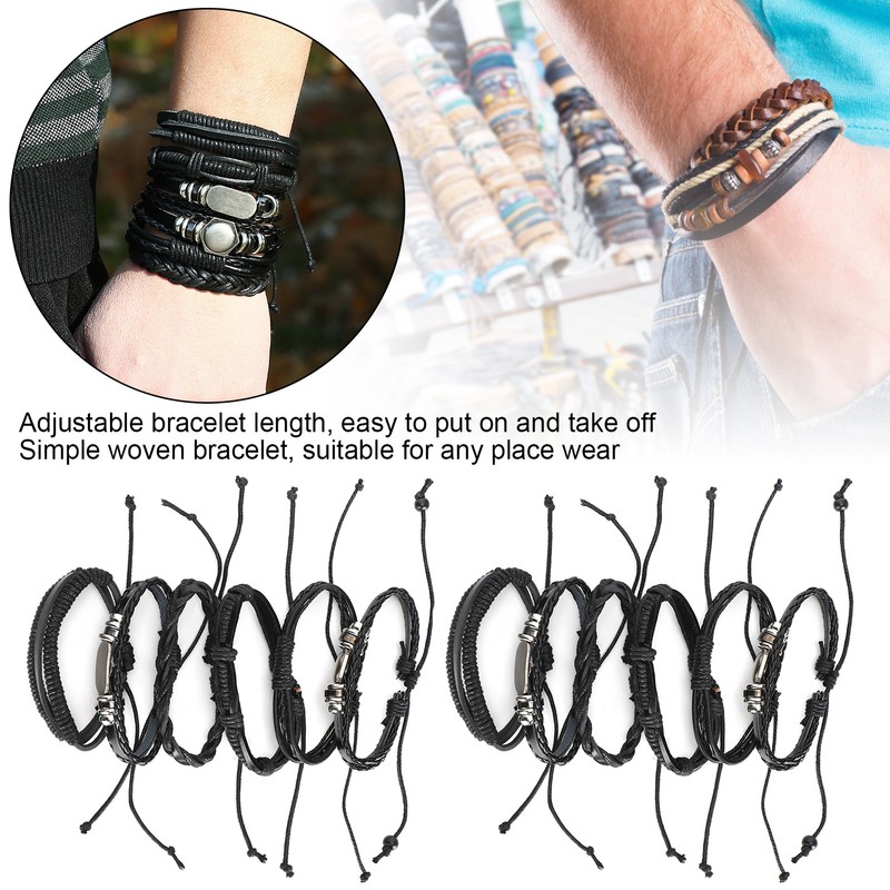 2Sets Adjustable Braided Bracelet Metal Inlaid Wristband Retro Style Cuff