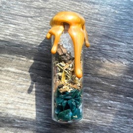 BlkGrlMagick Handcrafted Spirit Communication Spell Jar, Moon Charged Ancestors Spell Bottle, Past Lives, Open Portals, Pierce Veil, Bloodstone Crystal Séance Cork Vessel, Mini Witch Travel Bottle