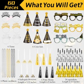 Demonwer 60 Pcs New Year's Eve Party Supplies 2026 Headband Cone Hats Party Blowers Fringed Noise Makers Bead Necklaces Eyeglasses for Happy New Year Christmas Party Decor