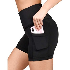 Yogalicious Ultra Soft Lightweight Hi Rise Shorts with Side Pocket - High Waist Yoga Shorts - Black 5" - XS