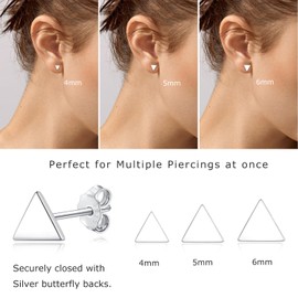 Loutade Silver Stud Earrings for Women, 925 Sterling Silver Triangle Stud Earrings, 3 Pairs White Gold Plated Flat Triangle Stud Earrings Set, 4/5 / 6mm Unisex Tiny Cartilage Sleeper Stud Earrings