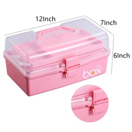 Kinsorcai 12'' Three-Layer Clear Plastic Storage Box with Handle, Craft Tool Box, 3 Layer Pink Tackle Box for Women, Organizer Box for Sewing Art and Cosmetic (Pink)