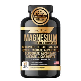 gflow vitamins Magnesium Complex Supplement - 10 Active Forms, Glycinate, Citrate, Malate, Oxide, Taurate, Aspartate, Gluconate, Ascorbate, Lactate, Carbonate, Plus More with Vitamin C B1 B2 B6 B12