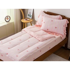 A Nice Night Zipper Bedding Pink Bow Printed on Colorful Rainbow Background Zippered Kids Comforter Set,Seersucker Chic Style Ultra Soft,Twin