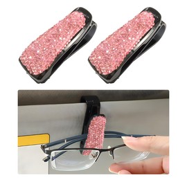 MUQIDA 2 PCS Glasses Holders for Car Sun Visor, Bling Crystal Rhinestones Eyeglasses Sunglass Hanger Mount, Diamond Sunglass Hanger Mount with Ticket Card Clip for Women Girls (Pink)