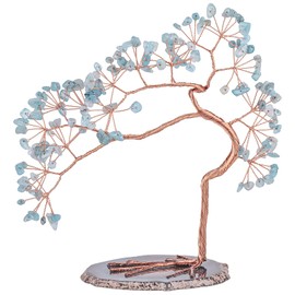 Nupuyai Irregular Aquamarine Crystal Tree with Agate Slice Base, Money Tree Figurines Fengshui Crystals Ornament for Home Office Decor