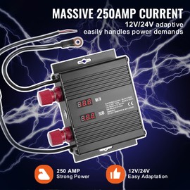 Happybuy 250A Dual Battery Isolator, 12V/24V VSR Voltage Sensitive Relay, LCD Display, Smart Battery Controller, Power Switch for Car, Truck, ATV, RV