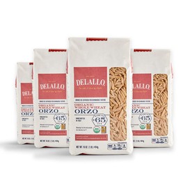 DeLallo Whole Wheat Orzo Pasta, 1 Pound Bag, 4 Pack, Organic, 100% Durum Wheat Flour, Made in Italy, High Protein