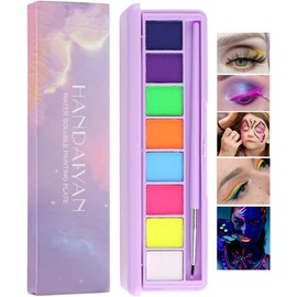 Pintura Corporal Soluble en Agua, Maquillaje Paleta de Delineador de Ojos de 8 Colores, Altamente Pigmentado, Maquillaje de Pintura para la Cara y el Cuerpo, Brillo UV para Adultos y Niños, No Tóxicas (A)