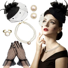 Black Tea Party Hat Gloves Women Fascinators Hats Gloves Pearl Necklace Earrings Choker Tea Party Hat Funeral Hats for Women