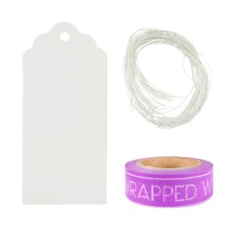 Wrapables 50 White Scallop Gift Tags/Kraft Hang Tags with Free Cut String & 1 Made with Love Washi Roll for Gifts, Crafts, & Price Tags